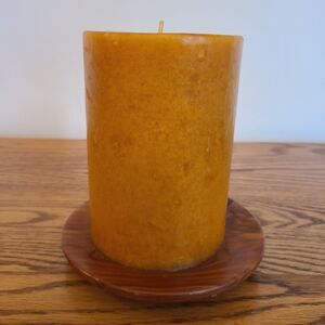 Vintage One Wick Pillar Candle With Red Cedar Wood Under-Plate Gold Amber Orange